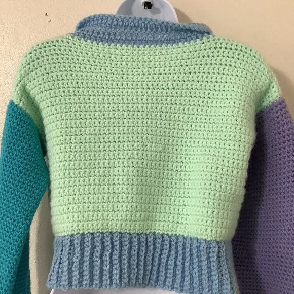 Handmade Knitted Pastel Color Block Preppy Autumn Fall Knit Collared Sweater XS - Picture 8 of 8